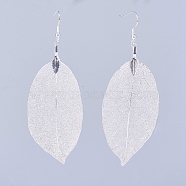 Brass Plated Natural Leaf Dangle Earrings, with Brass Earring Hooks and Jewelry Box, Silver, 98mm, Pin: 0.7mm, 1 Pair/box(EJEW-JE02653)