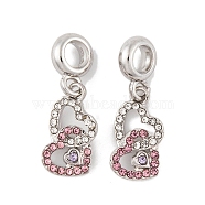 Rack Plating Alloy Crystal & Light Rose Rhinestone European Dangle Charms, Double Heart Large Hole Pendants, Platinum, 27mm, Heart: 17.5x9.5x2mm, Hole: 4.5mm(FIND-C055-18P)