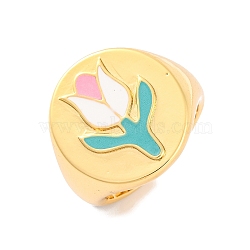 Round with Tulip Brass Enamel Open Cuff Rings, Signet Rings for Women, Lead Free & Cadmium Free, Real 18K Gold Plated, White, 19mm, Adjustable(RJEW-U009-05A-G)