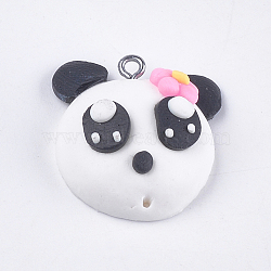 Handmade Polymer Clay Pendants, with Iron Findings, Panda, Platinum, White, 25.5x24.5x10.5mm, Hole: 1.5mm(X-CLAY-S093-11)
