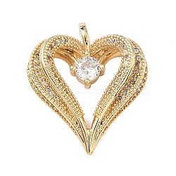 Brass Micro Pave Cubic Zirconia Pendants, Heart Charms, Real 16K Gold Plated, Clear, 34x29x10mm, Hole: 5x5mm(KK-F930-25A-G01)