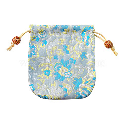 Chinese Style Flower Pattern Satin Jewelry Packing Pouches, Drawstring Gift Bags, Rectangle, Light Steel Blue, 10.5x10.5cm(PW-WG42698-07)