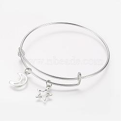 Adjustable Iron Charm Bangles, with Tibetan Style Alloy Charms, Moon, Star, Antique Silver & Platinum, 2-1/2 inch(63mm)(BJEW-JB03150)