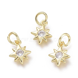 Brass Micro Pave Cubic Zirconia Pendants, with Jump Rings, Star, Real 18K Gold Plated, Clear, 10x8x2mm, Hole: 3.5mm(KK-P188-H04-G)