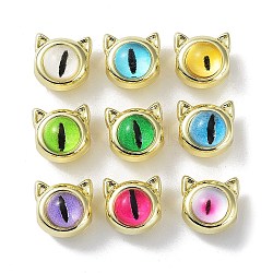 Rack Plating Alloy Beads, with Glass, Golden, Cat Head with Eye, Mixed Color, 10x10x9mm, Hole: 2.4mm(PALLOY-Q458-26G)