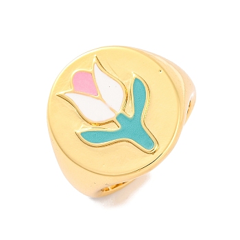 Round with Tulip Brass Enamel Open Cuff Rings, Signet Rings for Women, Lead Free & Cadmium Free, Real 18K Gold Plated, White, 19mm, Adjustable