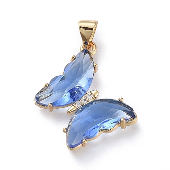 Brass Micro Pave Clear Cubic Zirconia Pendants, with Glass, Butterfly, Golden, Cornflower Blue, 24x21.5x4mm