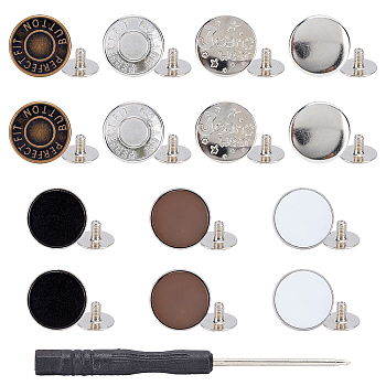 PandaHall Elite Flat Round Zinc Alloy Scalable & Removable Jean Button, with Steel Screwdriver, Mixed Color, Button: 14sets/box