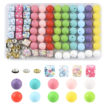 DIY Beads Kits, 72Pcs 14 Colors, Silicone Beads, 30Pcs 3 Colors Alloy Rhinestone Spacer Beads, Mixed Color, 14~15mm