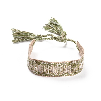 Word Happiness Polycotton(Polyester Cotton) Braided Bracelet with Tassel Charm, Flat Adjustable Wide Wristband for Couple, Olive Drab, Inner Diameter: 2~3-1/8 inch(5~8cm)