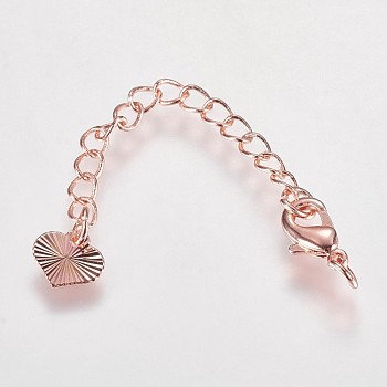Long-Lasting Plated Brass Chain Extender, with Lobster Claw Clasps and Heart Tips, Real Rose Gold Plated, 65x3mm, Hole: 2.5mm