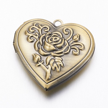 Brass Locket Pendants, Heart with Rose, Brushed Antique Bronze, 29x29x7.5mm, Hole: 2mm