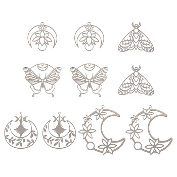 10Pcs 5 Style 201 Stainless Steel Pendants, Laser Cut, Butterfly/Moth/Moon Charm, Stainless Steel Color, 26~45.5x27~43x1mm, Hole: 1.2~1.8mm, 2pcs/style