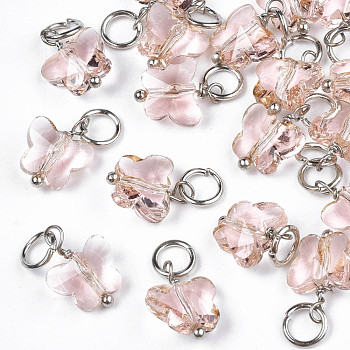 Faceted Transparent Glass Charms, with Iron Jump Ring, Butterfly, Pink, 13~14x9.8x6mm, Hole: 4mm