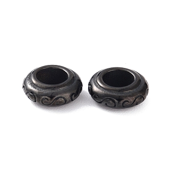 Ion Plating(IP) 304 Stainless Steel European Beads, Large Hole Beads, Rondelle with Floral Pattern, Electrophoresis Black, 9x3.5mm, Hole: 4mm