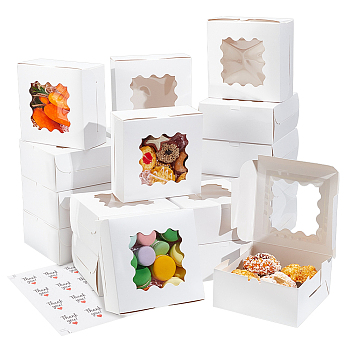 20Pcs Square Cardboard Mini Cake Storage Boxes, Visible Window Cupcake Case with 20Pcs Thank You Stickers, White, Finish Product: 15x15x7.6cm