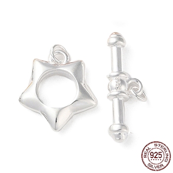 925 Sterling Silver Toggle Clasps, Long-Lasting Plated, Star with 925 Stamp, Silver, Star: 12.5x11.5x2.5mm, Bar: 5.5x7x3mm