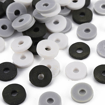 3 Colors Handmade Polymer Clay Beads, Heishi Beads, Disc/Flat Round, Silver & White & Black, 8x0.5~1.5mm, Hole: 2mm, about 11500pcs/1000g