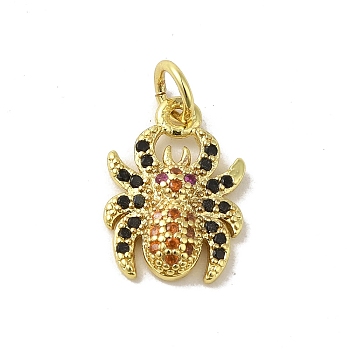 Real 18K Gold Plated Brass Pave Colorful Cubic Zirconia Pendants, with Jump Rings, Spider, 14.5x10.5x3mm, Hole: 3mm
