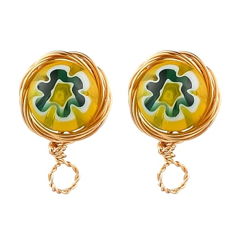 Handmade Millefiori Lampwork Earring Stud Settings and Ear Nuts, with 304 Stainless Steel Findings and Copper Wire, Yellow, 10mm, Hole: 2.5mm, Pin: 0.6mm