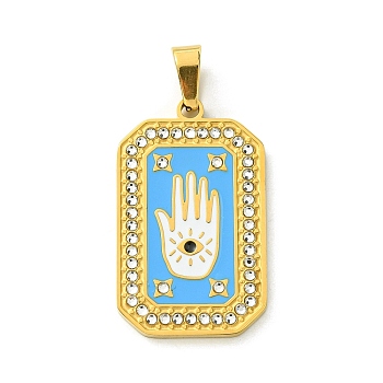 Ion Plating(IP) 304 Stainless Steel Pendants, with Enamel and Rhinestone, Rectangle with Tarot Charm, Real 18K Gold Plated, Deep Sky Blue, 32x19.5x2mm, Hole: 6.5x4mm