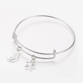 Adjustable Iron Charm Bangles, with Tibetan Style Alloy Charms, Moon, Star, Antique Silver & Platinum, 2-1/2 inch(63mm)