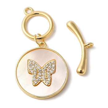 Brass Micro Pave Clear Cubic Zirconia Toggle Clasps, with Shell, Butterfly, Real 18K Gold Plated, 7x19x3mm, Hole: 1.5mm, Pendant: 19.5x17x2.5mm, Ring: 13x10.5x1.5, Hole: 1.5mm