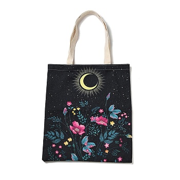 Flower & Butterfly & Moon Printed Canvas Women's Tote Bags, with Handle, Shoulder Bags for Shopping, Rectangle, Hot Pink, 60cm