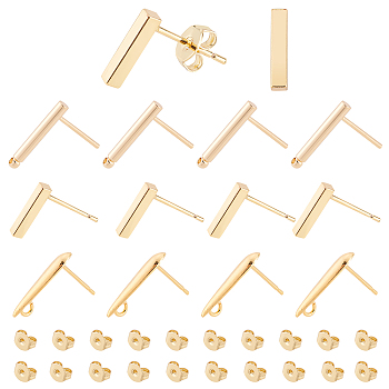 Brass Stud Earring Findings, with Ear Nut, Mixed Shapes, Real 18K Gold Plated, 15x3.5x3mm, Hole: 1.4mm, Pin: 0.7mm