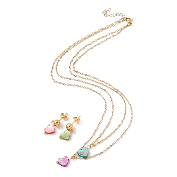 Synthetic Shell Heart Pendant Double Layer Necklaces and Dangle Stud Earrings, Gold Plated 304 Stainless Steel Jewelry Sets for Women, Colorful, 16.26~16.38 inch(41.3~41.6cm), 21.5~22mm, Pin: 0.8mm