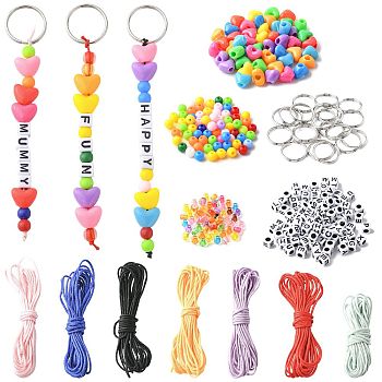 DIY Letter Heart Keychain Making Kits, include Split Rings, Acrylic Beads, Nylon Thread, Plastic Beads, Mixed Color, 18x2.5mm, Inner Diameter: 15mm