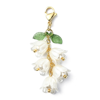 Flower ABS Plastic Imitation Pearl Pendant Decorations, Transparent Acrylic Leaf and Lobster Claw Clasps Charm, Beige, 51mm