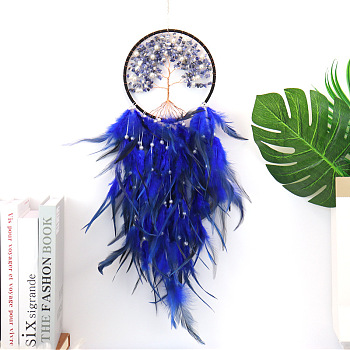 Wire Wrapped Natural Sodalite Chip Tree of Life Hanging Decoration, for Home Decoration, Woven Net/Web with Feather, 600x160mm