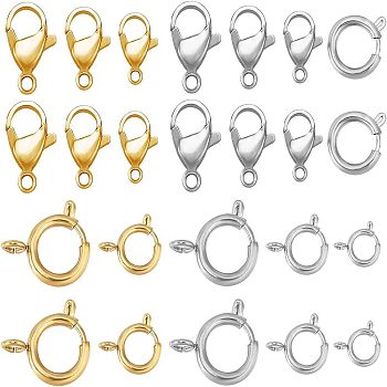 Olycraft 12Pcs 6 Style 304 Stainless Steel Lobster Claw Clasps and 12Pcs 6 Style Spring Ring Clasps, Mixed Color, 8~17x6~12x1.5~2.5mm, Hole: 1.5~7.5mm, 24Pcs/box