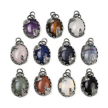 Natural & Synthetic Mixed Gemstone Pendants, Oval Charms with Brass Settings, Antique Silver, Mixed Dyed and Undyed, 30.5~31x21~21.5x8~8.5mm, Hole: 5.5mm
