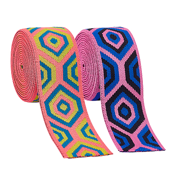 4M 2 Colors Polyester Elastic Wide Band, Flat with Hexagon Pattern, Mixed Color, 50mm, 2m/color