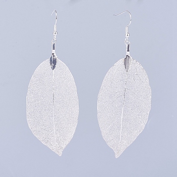 Brass Plated Natural Leaf Dangle Earrings, with Brass Earring Hooks and Jewelry Box, Silver, 98mm, Pin: 0.7mm, 1 Pair/box