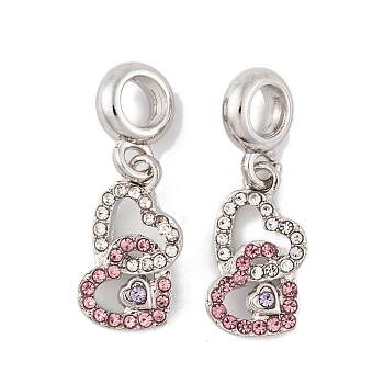 Rack Plating Alloy Crystal & Light Rose Rhinestone European Dangle Charms, Double Heart Large Hole Pendants, Platinum, 27mm, Heart: 17.5x9.5x2mm, Hole: 4.5mm