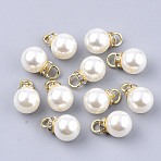 High Luster ABS Plastic Imitation Pearl Pendants, with Golden Plated Iron Findings and Crystal Rhinestone, Round, Creamy White, 18.5x11.5mm, Hole: 4mm(X-RB-T011-01C-G)