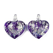 Lampwork Pendants, with Foil Glass, Heart, Purple, 35x29.5x11.5mm, Hole: 5mm(FOIL-K003-02F)