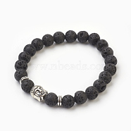 Natural Lava Rock Beads Stretch Bracelets, with Alloy Findings, Buddha, Burlap Packing, Antique Silver, 2-1/8 inch(5.3cm), Bag: 12x8.5x3cm(BJEW-JB03850-05)
