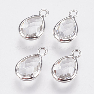 Glass Charms, with Brass Findings, Faceted Teardrop, Clear, Nickel Free, Real Platinum Plated, 12x7x3mm, Hole: 1.2mm(KK-Q752-001P)