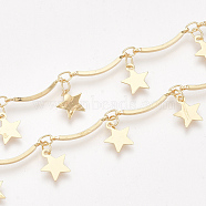 Handmade Scalloped Bar Chains, with Star Charm and Spool, Soldered, Nickel Free, Real 18K Gold Plated, 15x2.5x1mm, about 32.8 Feet(10m)/roll(CHC-S002-17)
