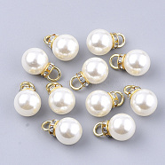 High Luster ABS Plastic Imitation Pearl Pendants, with Golden Plated Iron Findings and Crystal Rhinestone, Round, Creamy White, 18.5x11.5mm, Hole: 4mm(X-RB-T011-01C-G)