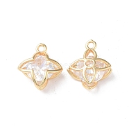 Brass Charms, with Glass, 4-Petal Flower Charm, Real 18K Gold Plated, 15x12.5x5mm, Hole: 1.4mm(X-KK-I702-42G)