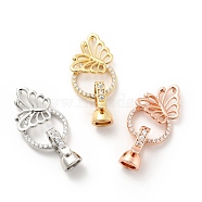 Butterfly with Ring Brass Micro Pave Clear Cubic Zirconia Fold Over Clasps, Cadmium Free & Lead Free, Mixed Color, Butterfly: 15x17.5x3mm, hole: 1mm, Clasp: 13x7x6mm, Inner Diameter: 4mm(KK-G425-02)