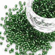 8/0 Glass Bugle Beads, Silver Lined, Green, 2.5~3x2.5mm, Hole: 1mm, about 15000pcs/pound(SEED-S032-07A-27)