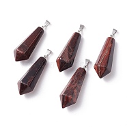 Natural Red Tiger Eye Pointed Pendants, with Platinum Plated Brass Loops, Bullet, 35.3~38x13~14mm, Hole: 6.5x2.8mm(X-G-I314-02P-11)