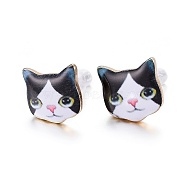 Real 14K Gold Plated Alloy Kitten Stud Earrings, with Enamel and Environment Stainless Steel Pin, Printed, Cat Pattern, White, 10~10.5x10.5~11mm, pin: 0.7mm(EJEW-G148-01G-03)
