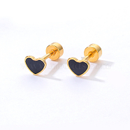 Heart Stainless Steel Stud Earring, with Enamel, Real 18K Gold Plated, Black, 6x6mm(NR5432-01)